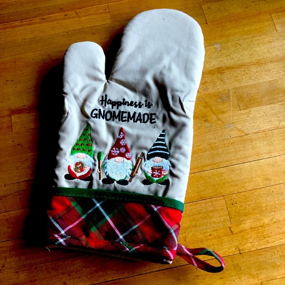 Oven Mitt "Happiness is Gnomemade" Christmas Cream Cotton Blend - Picture 1 of 6